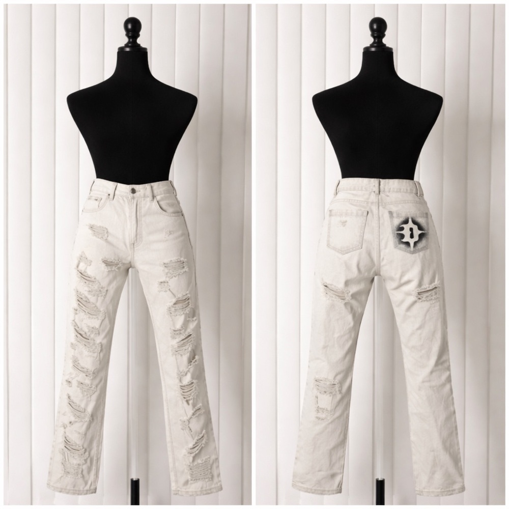 DARKER WAVS Distortion Unisex Ultra Distressed Washed Denim Jeans White XXS, XL